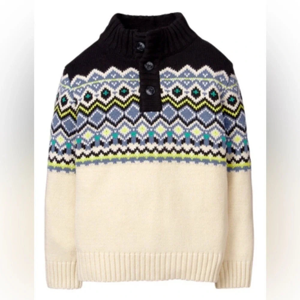 Gymboree Toddler Boys 3T Fair Isle Mock Neck Henley Sweater Cream Blue 140175696